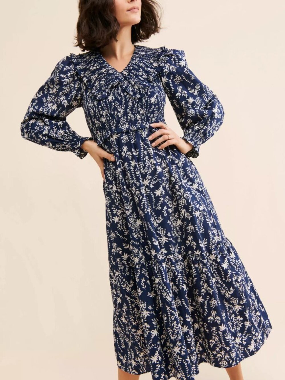 Navy and White Floral Long Sleeve Dress